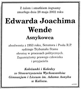 Nekrolog kol. Edwarda Wende od Stowarzyszenia "Asnykowcw"